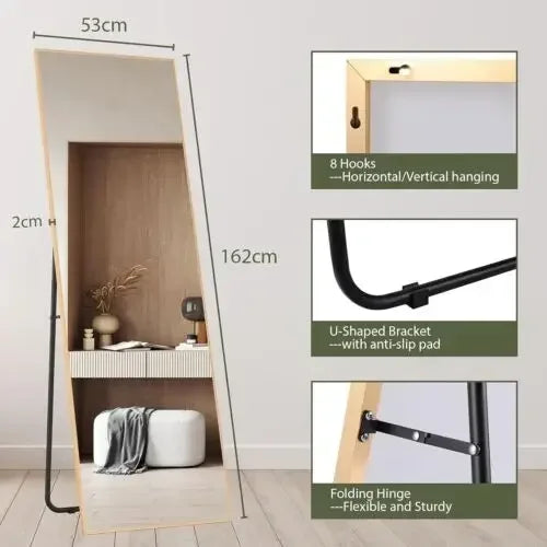 Full Length Mirror 162x53cm Full Body Mirror Rectangle Free Standing Wall Mounted Leaning Hanging Floor Mirrors, Black/Gold