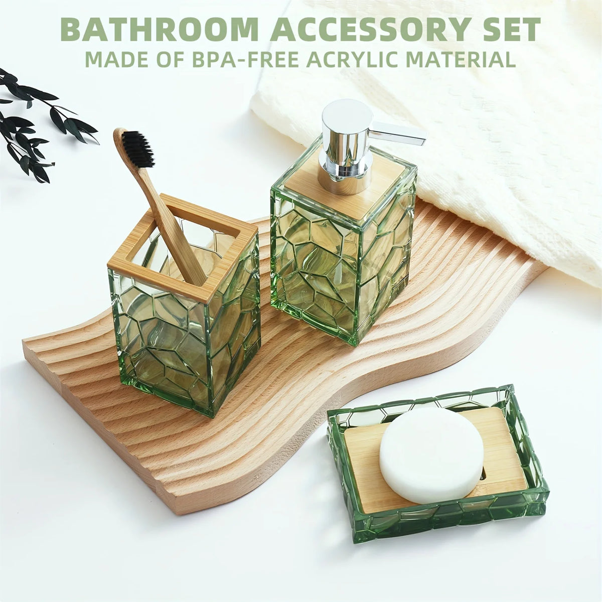 Bathroom Accessory Set, Acrylic Bamboo Accessories, Includes Toothbrush Holder, Soap Dispenser, Cotton Swab Holder, Soap Dish, T - vue 4 sur 7