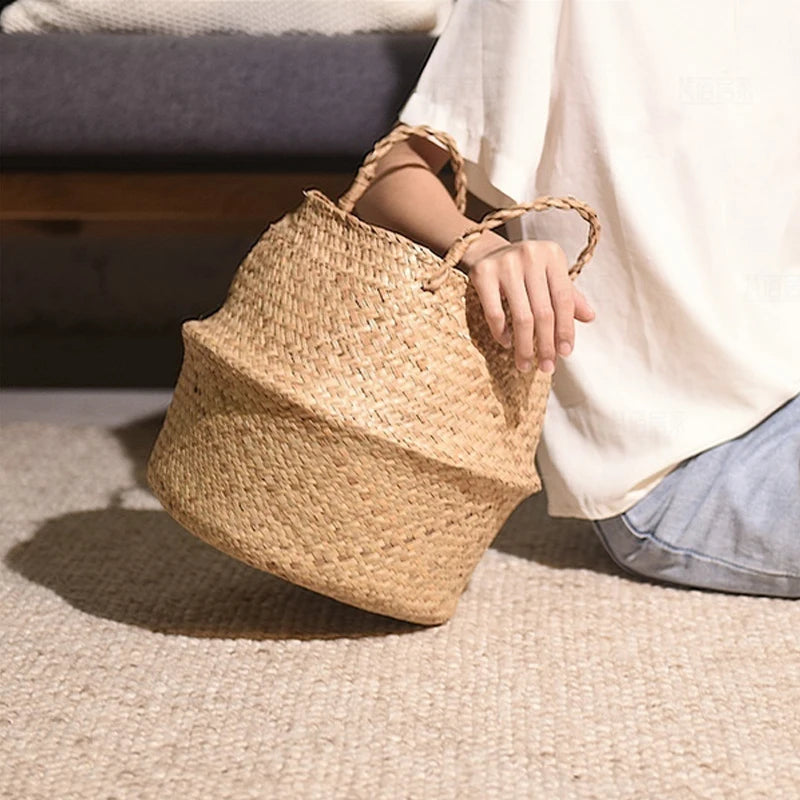 paniers de rangement pliables en rotin avec poignée pour divers usages - vue 5 sur 12