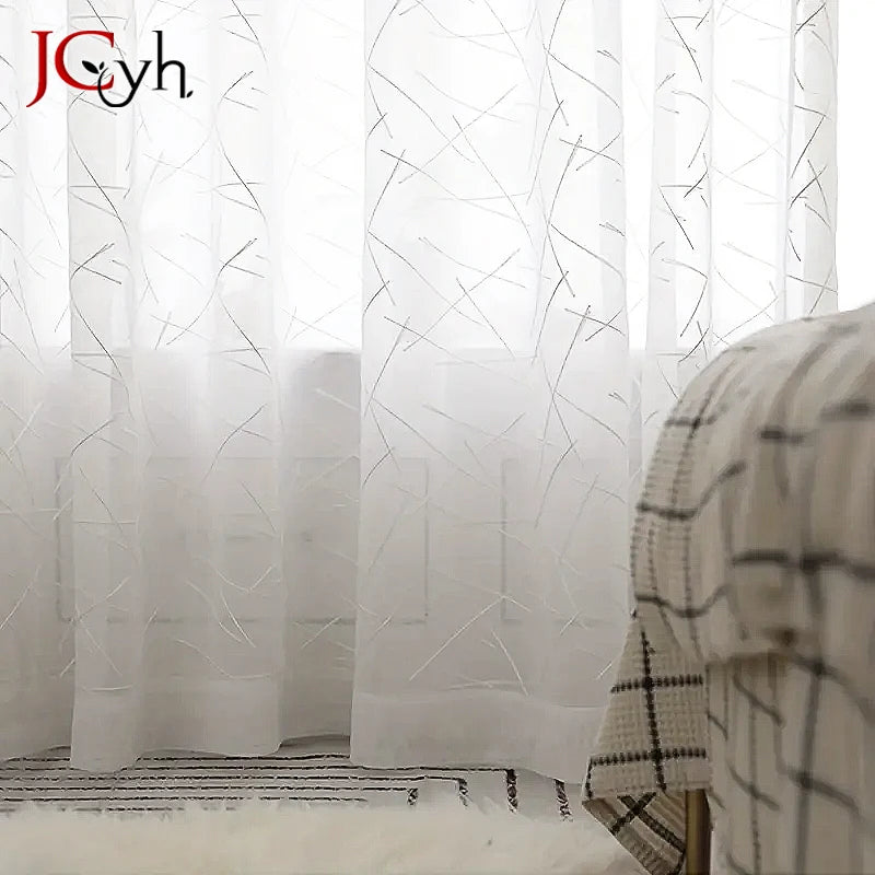 Voilage tulle a motifs rayures style moderne salon - vue 2 sur 7