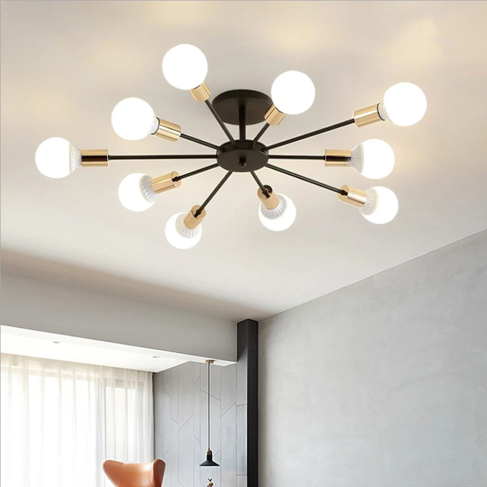 lustre industriel moderne avec tiges multiples en fer et bois - vue 6 sur 16