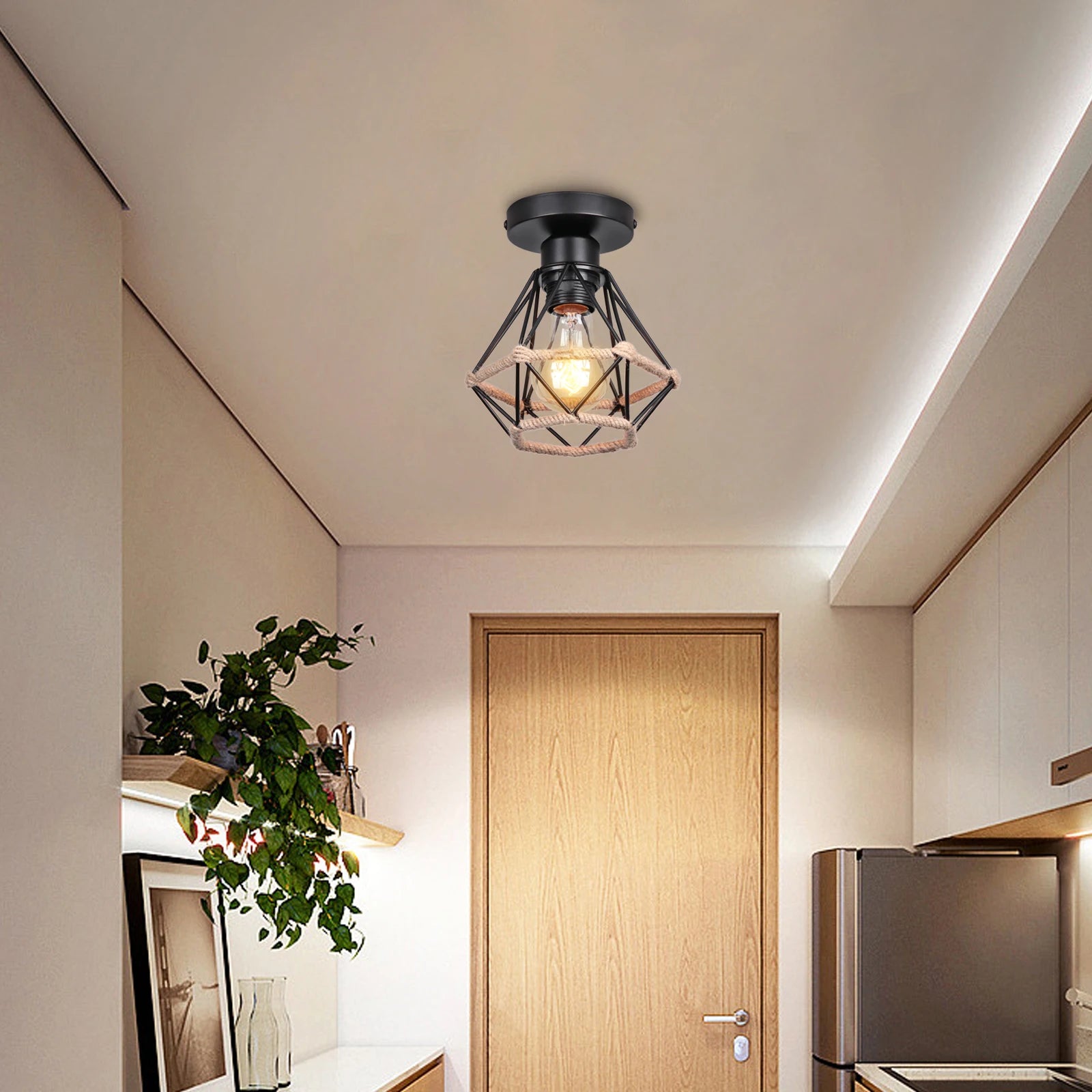 Plafonnier rétro en métal avec Cage en fer et corde de chanvre pour intérieur d'allée - vue 6 sur 14