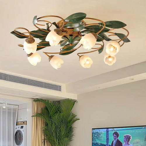 Französische Retro-Deckenleuchte mit Blumen aus Kupfer für Wohnzimmer und Schlafzimmer - vue 3 sur 6