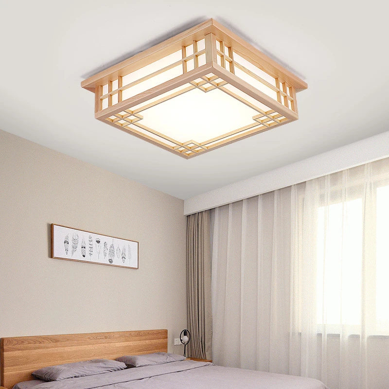 Plafonnier nordique en bois massif carré led décoratif - vue 6 sur 5