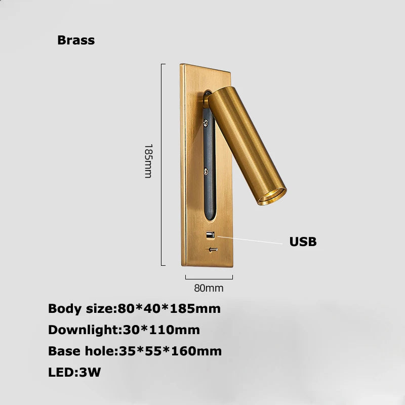 Black Brass Rectangular LED Wall Lamp Wall Sconce Wall Spotlight Reading Light with Switch and USB Port, Rotatable For Bedroom - vue 9 sur 22