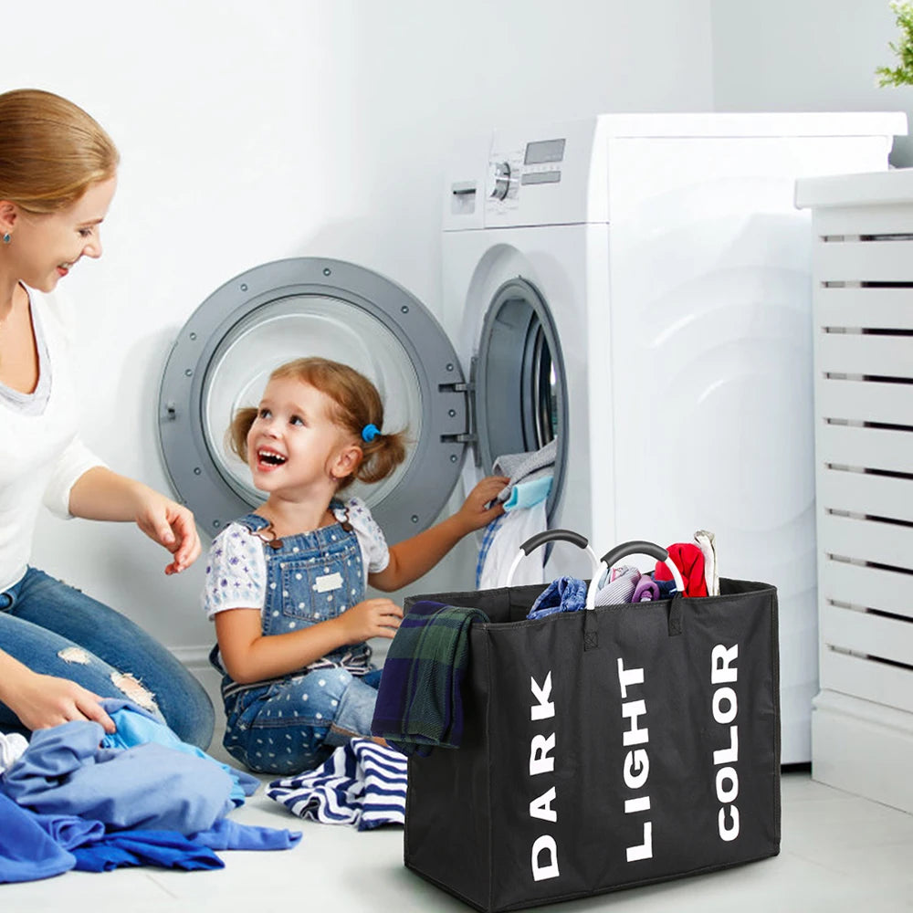 sac à linge pliable 3 sections trieur portable en tissu durable - vue 5 sur 8