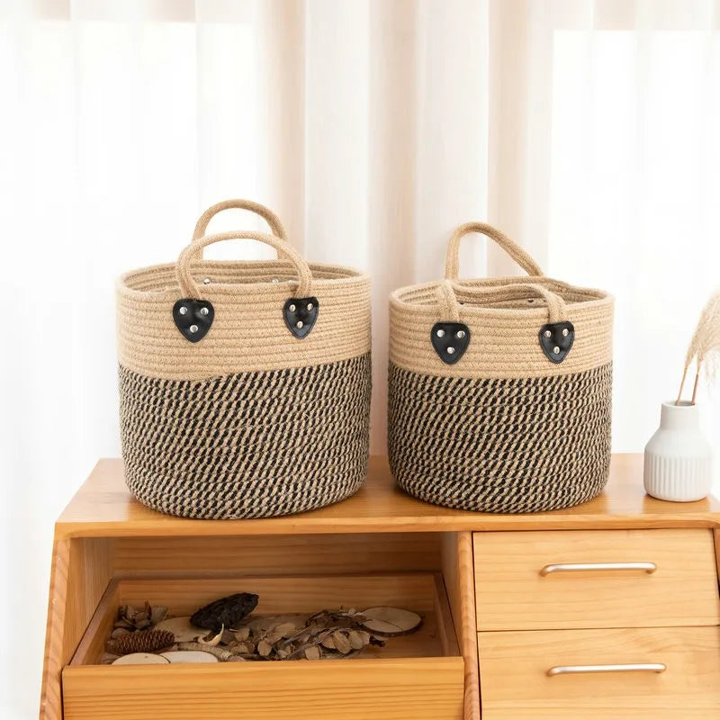 panier de rangement en jute et coton avec poignée - vue 3 sur 7