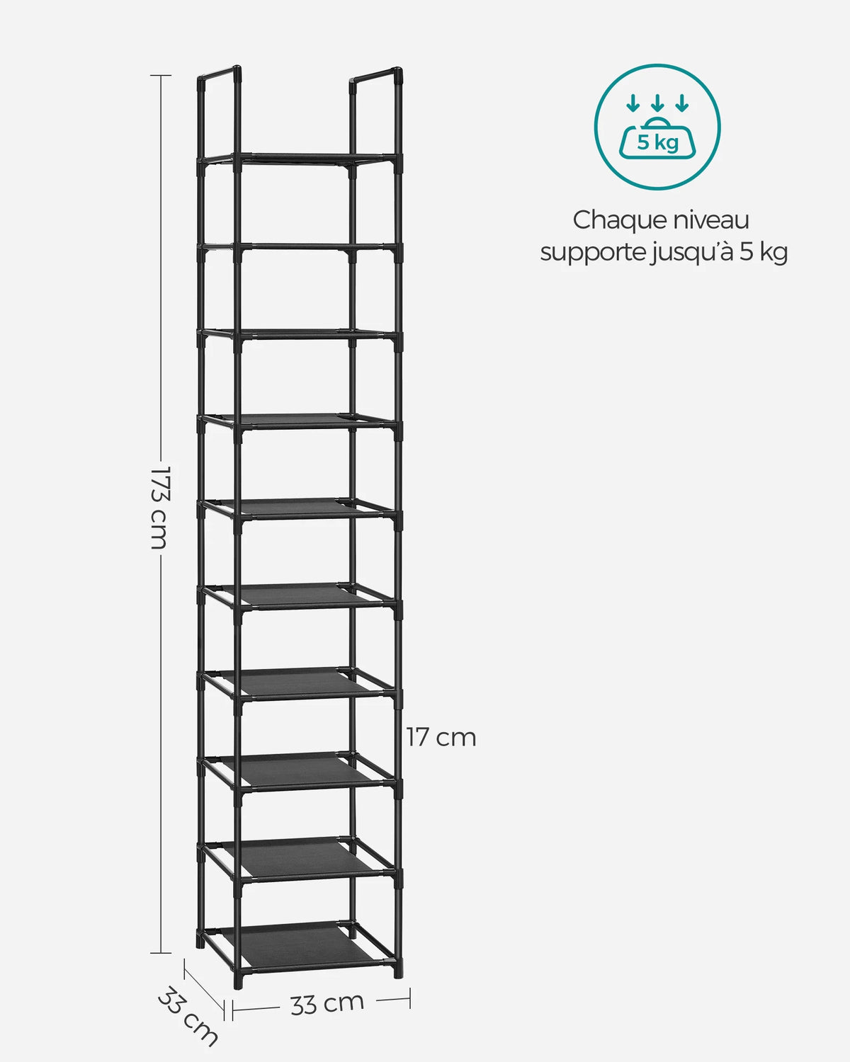SONGMICS 10-Tier Shoe Rack, Shoe Stand, Space-Saving Shoe Storage, 33 x 33 x 173 cm, Metal Frame, Non-Woven Fabric Shelves