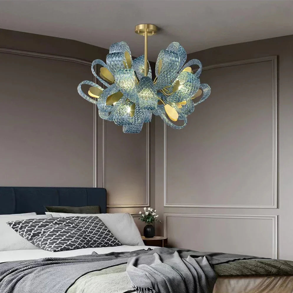 lustre moderne en verre design feuille de paon led suspendu - vue 3 sur 21