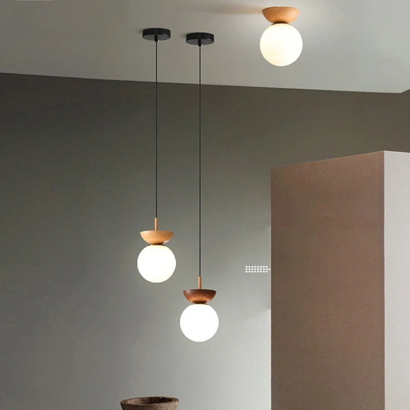 plafonnier led rond en verre avec abat jour en bois - vue 4 sur 10