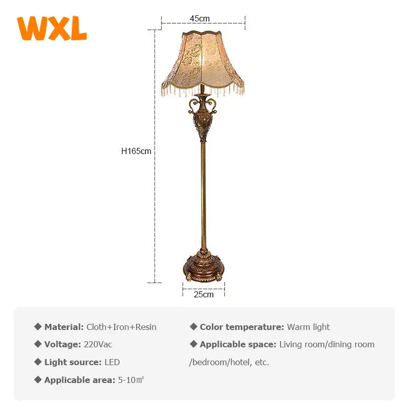 European LED Floor Lamp, Fabric, Rural Retro Living Room Lamp, Creative Vertical Table Lamp, Simple Study, Bedroom, Bedside Lamp - vue 7 sur 7