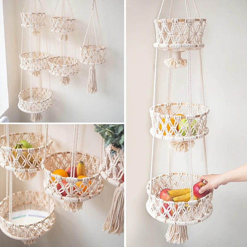 panier suspendu en macramé pour plantes et fruits décoratif - vue 4 sur 10