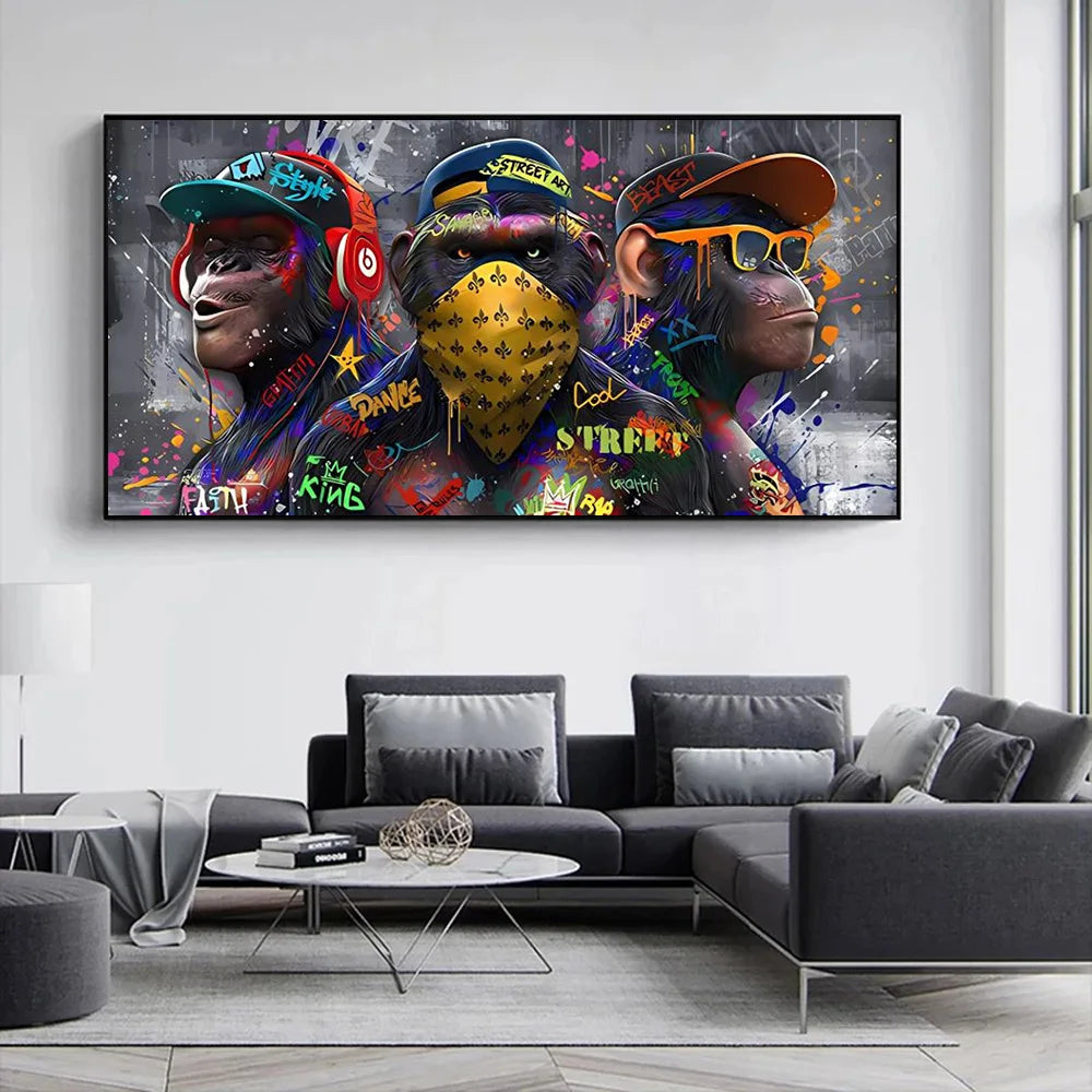 trois orangs-outans graffiti art mural décoration singe musique - vue 4 sur 7