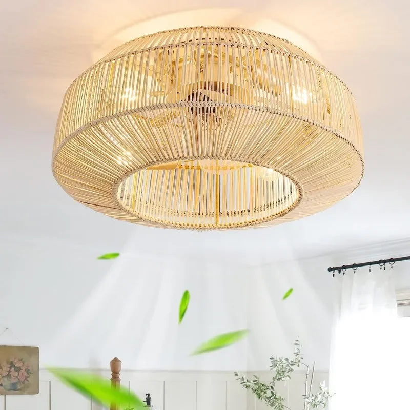 plafonnier ventilateur industriel avec lumière en bambou