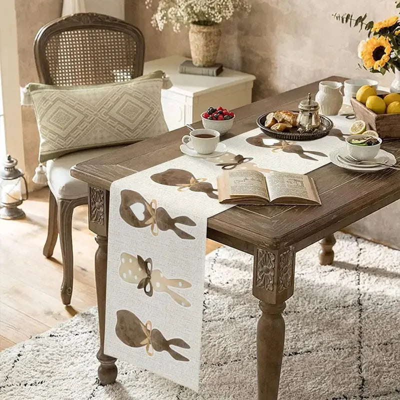 Chemin de table lin motifs lapin coeur paques - vue 4 sur 7