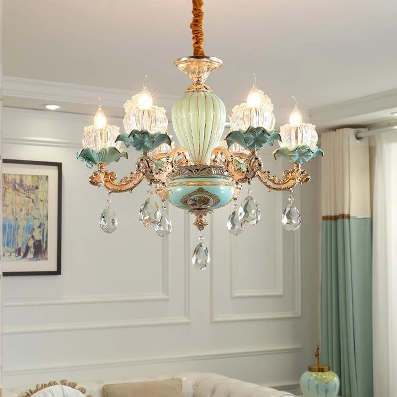 lustre de luxe moderne style européen rétro en cristal et céramique - vue 2 sur 13