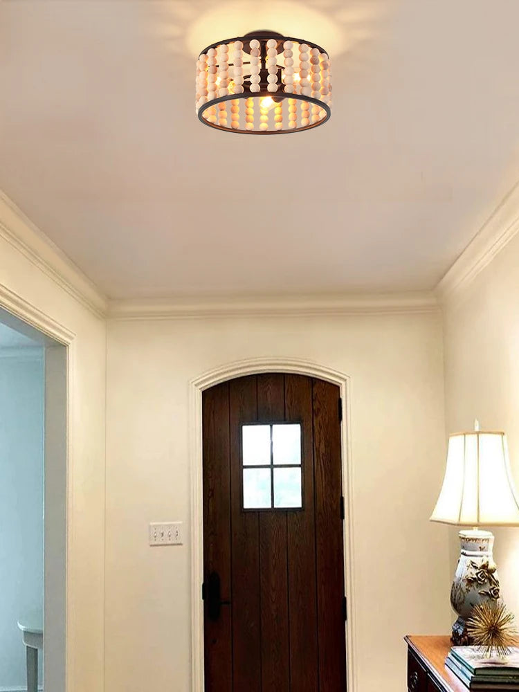 plafonnier en perles de bois fait main style vintage pour intérieur chaleureux - vue 5 sur 7