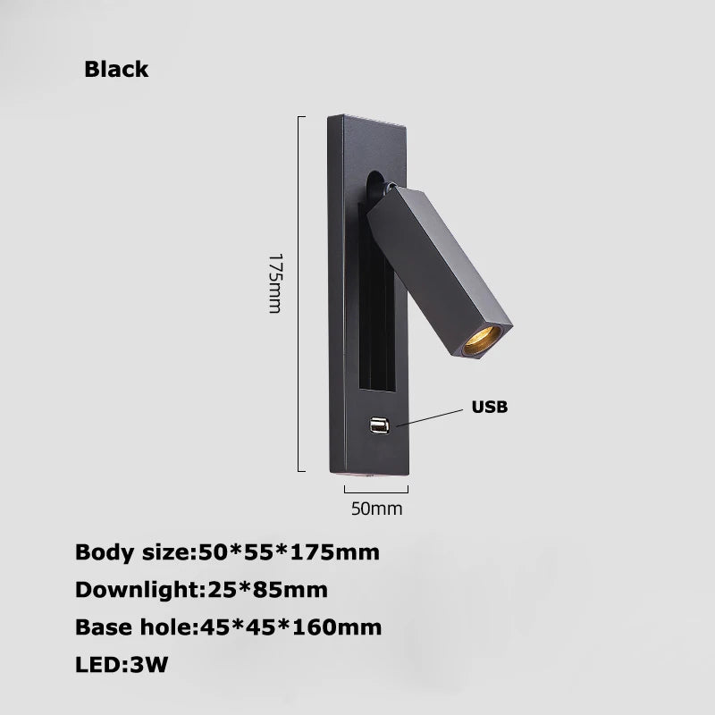 Black Brass Rectangular LED Wall Lamp Wall Sconce Wall Spotlight Reading Light with Switch and USB Port, Rotatable For Bedroom - vue 11 sur 22