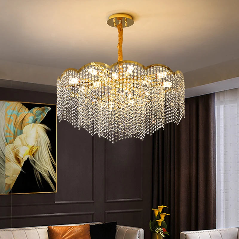 lustre moderne en cristal doré haute suspension design élégant pour intérieur - vue 4 sur 9