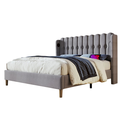 Cushion Bed Double with USB Type C Charging, Slatted Frame, Upholstered, Gray, 160x200 cm, Youth/Guest Room, Linen - vue 7 sur 6