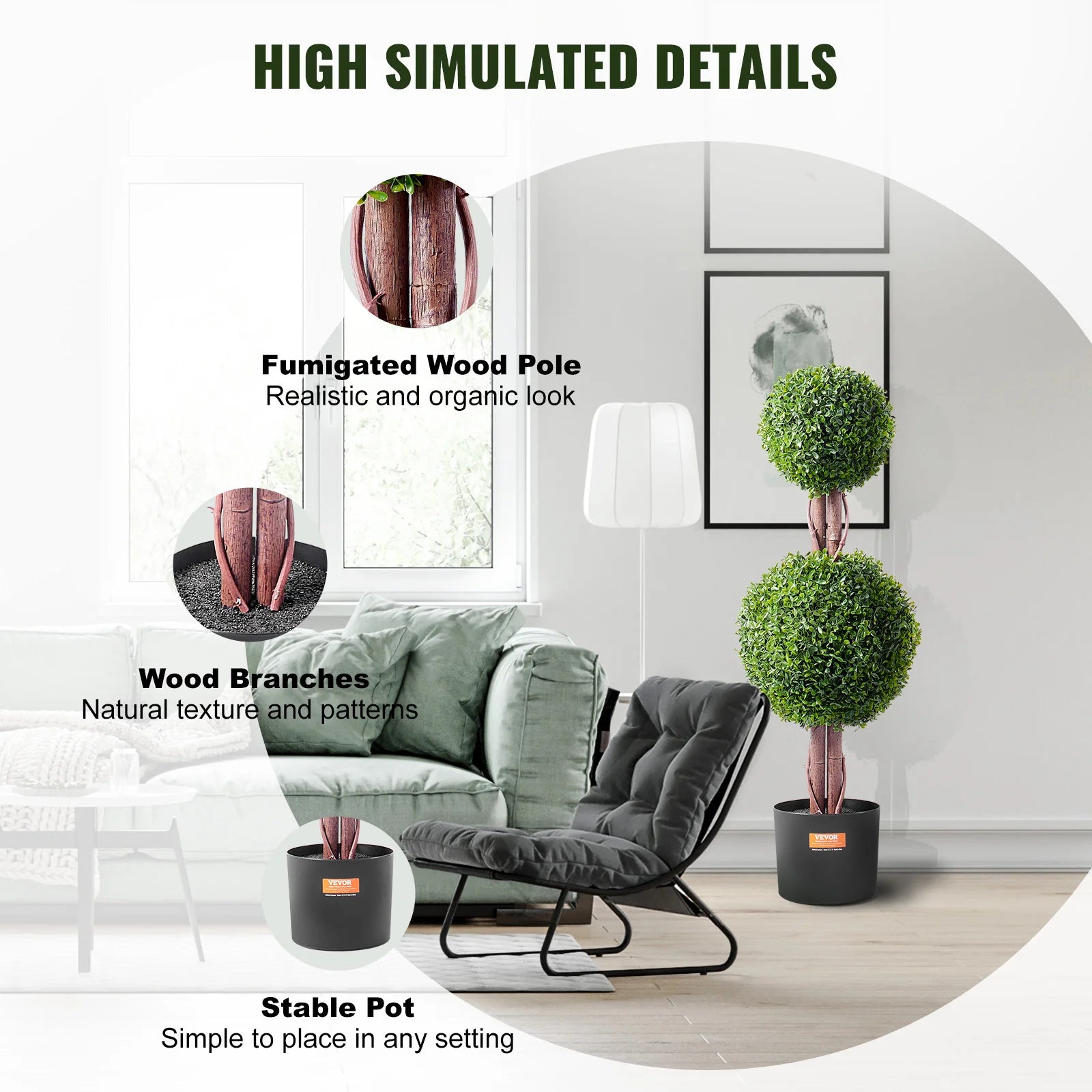 buis artificiel topiaire double boule avec feuillage et pot décoratif - vue 7 sur 6