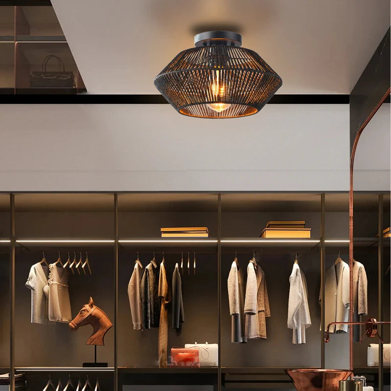 Plafonnier tissé de vigne rétro noir lampe tissée couloir silencieux chambre plafonnier tissé de vigne - vue 7 sur 7