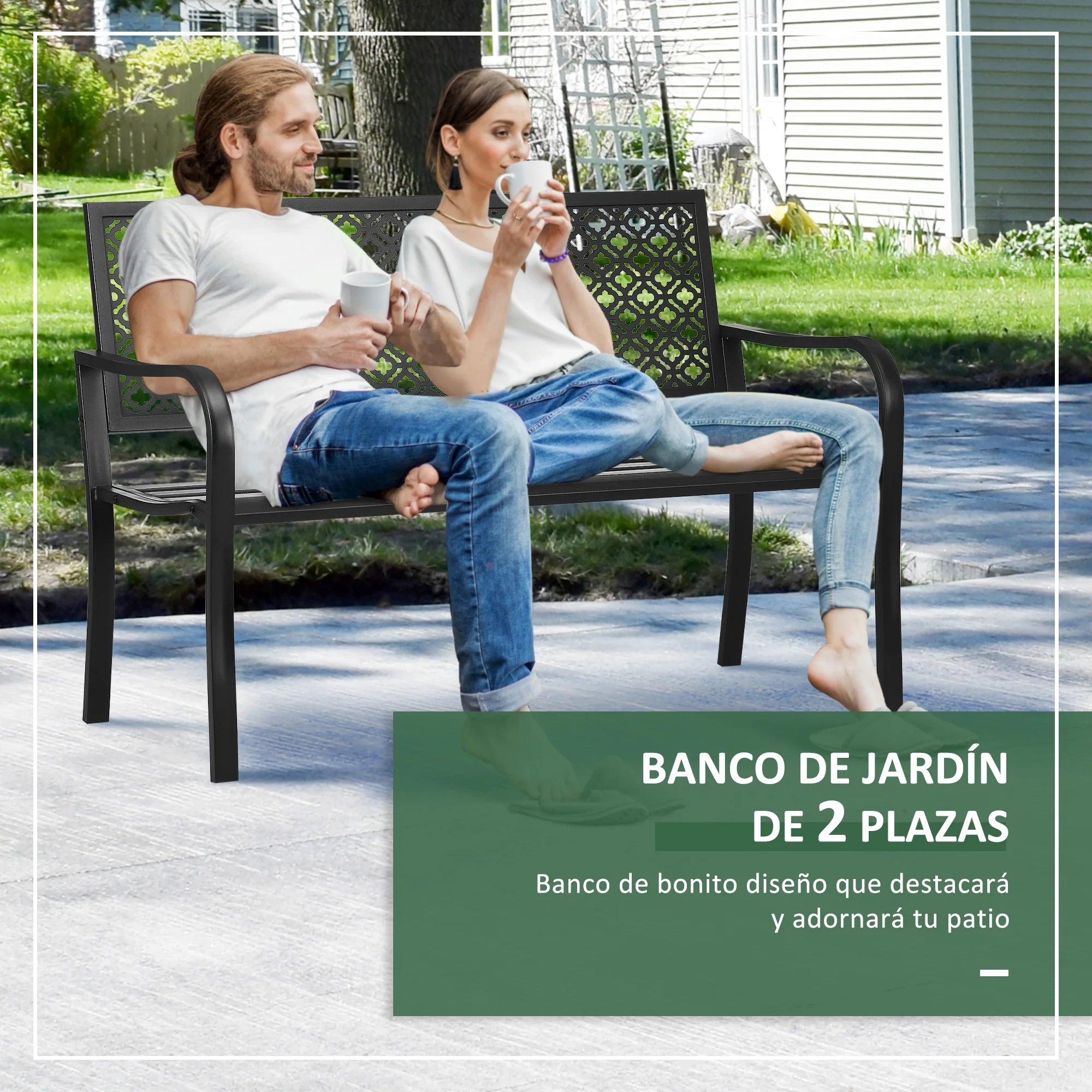 banc de jardin en acier deux places avec dossier décoratif - vue 7 sur 7