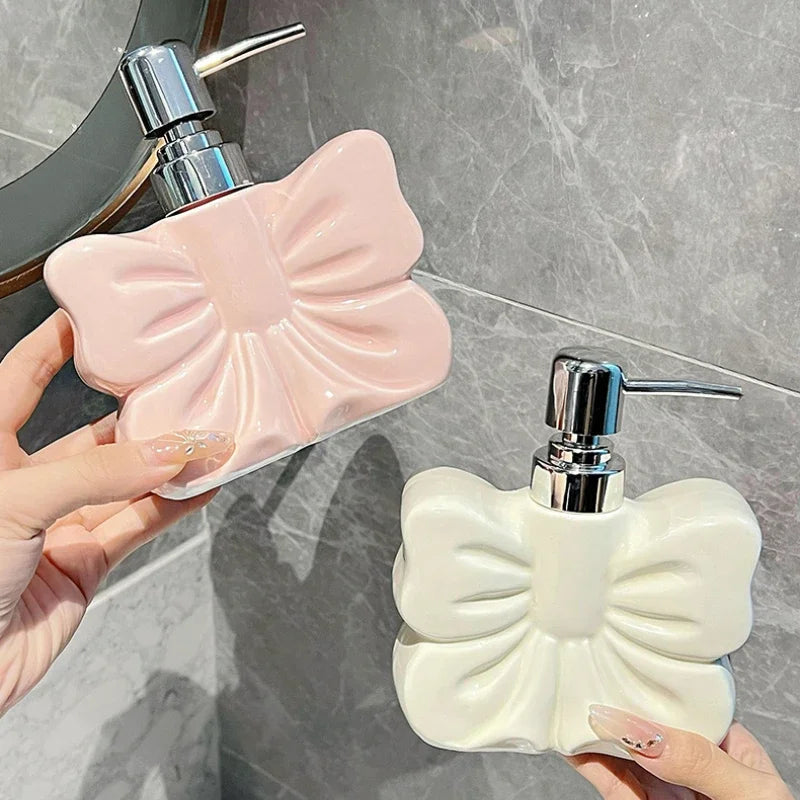 1pc, Ceramics Bowknot Lotion Press Bottle, Household Bathroom Shower Gel Bottle, Plastic Pump Head, Bathroom Liquid Dispenser