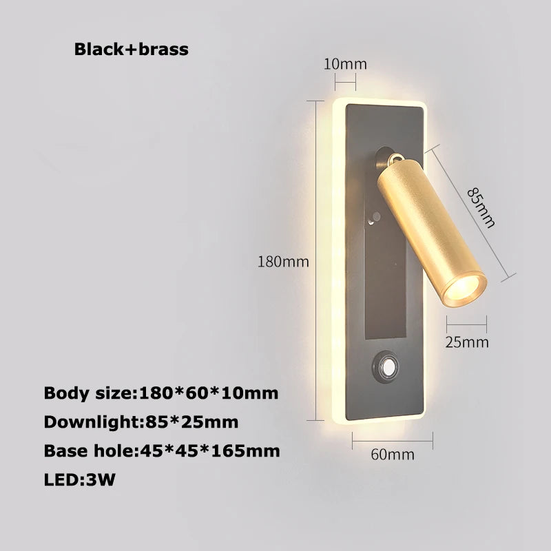 LED Brass Black Wall Lamp Wall Light Wall Sconce Wall Mounted Reading Light with Switch and USB Port, Rotatable For Bedroom - vue 9 sur 23