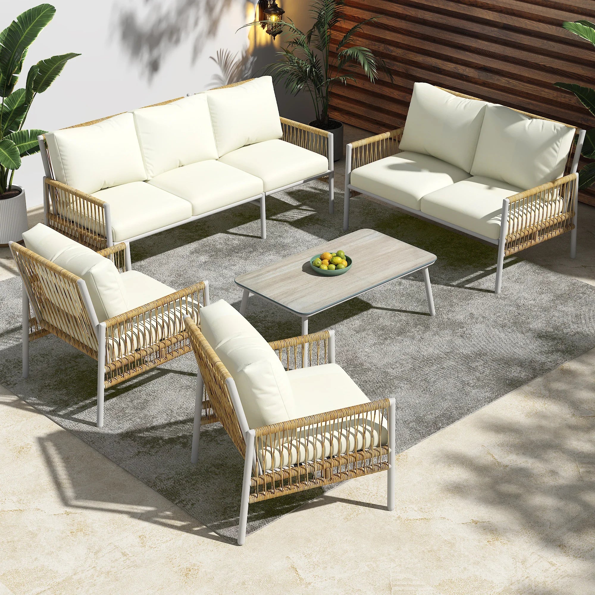 Salon de jardin 7 places en rotin avec coussins amovibles