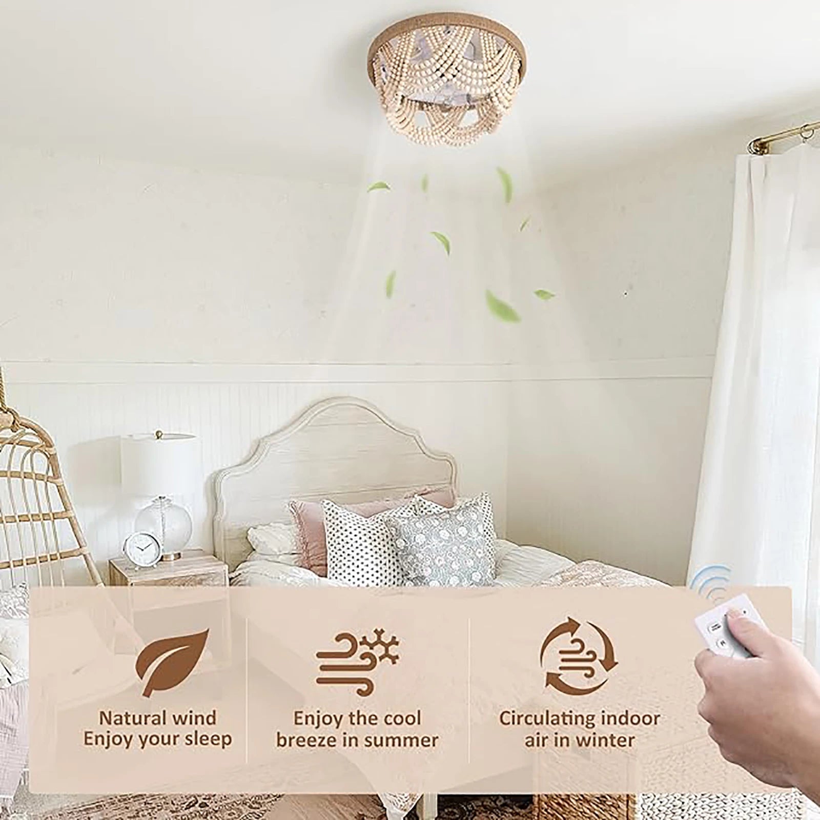 plafonnier led bohémien en perles de bois avec télécommande style nordique vintage - vue 2 sur 6