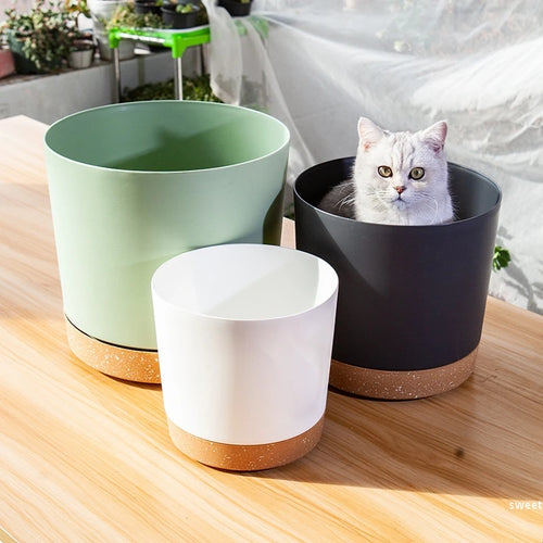 grand pot circulaire en plastique pour plantes d'intérieur avec drainage et plateau