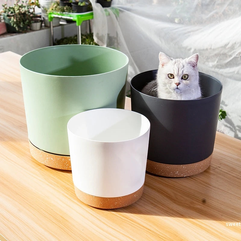 grand pot circulaire en plastique pour plantes d'intérieur avec drainage et plateau - vue 5 sur 15