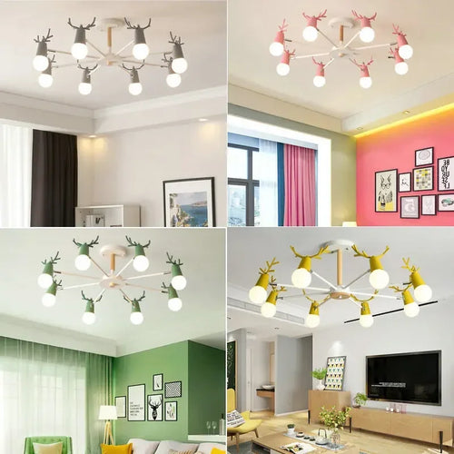LED-Kronleuchter aus Eisen und Holz in Hirschform für die Innendekoration - vue 4 sur 12