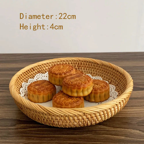 HEMU-Round Rattan Woven Basket, Wicker Fruit Basket, Bread Food, Kitchen Home Decor Organizer - vue 9 sur 12