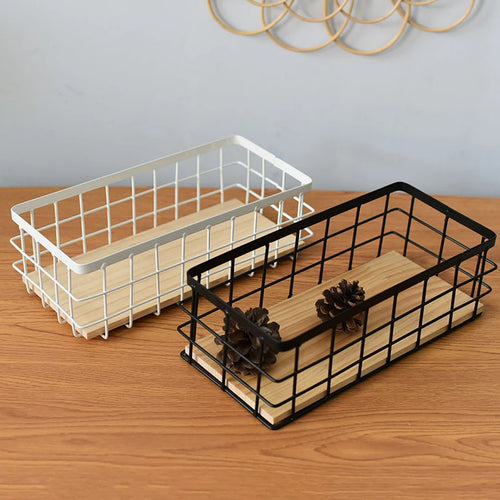 panier de rangement en métal et bois pour cosmétiques