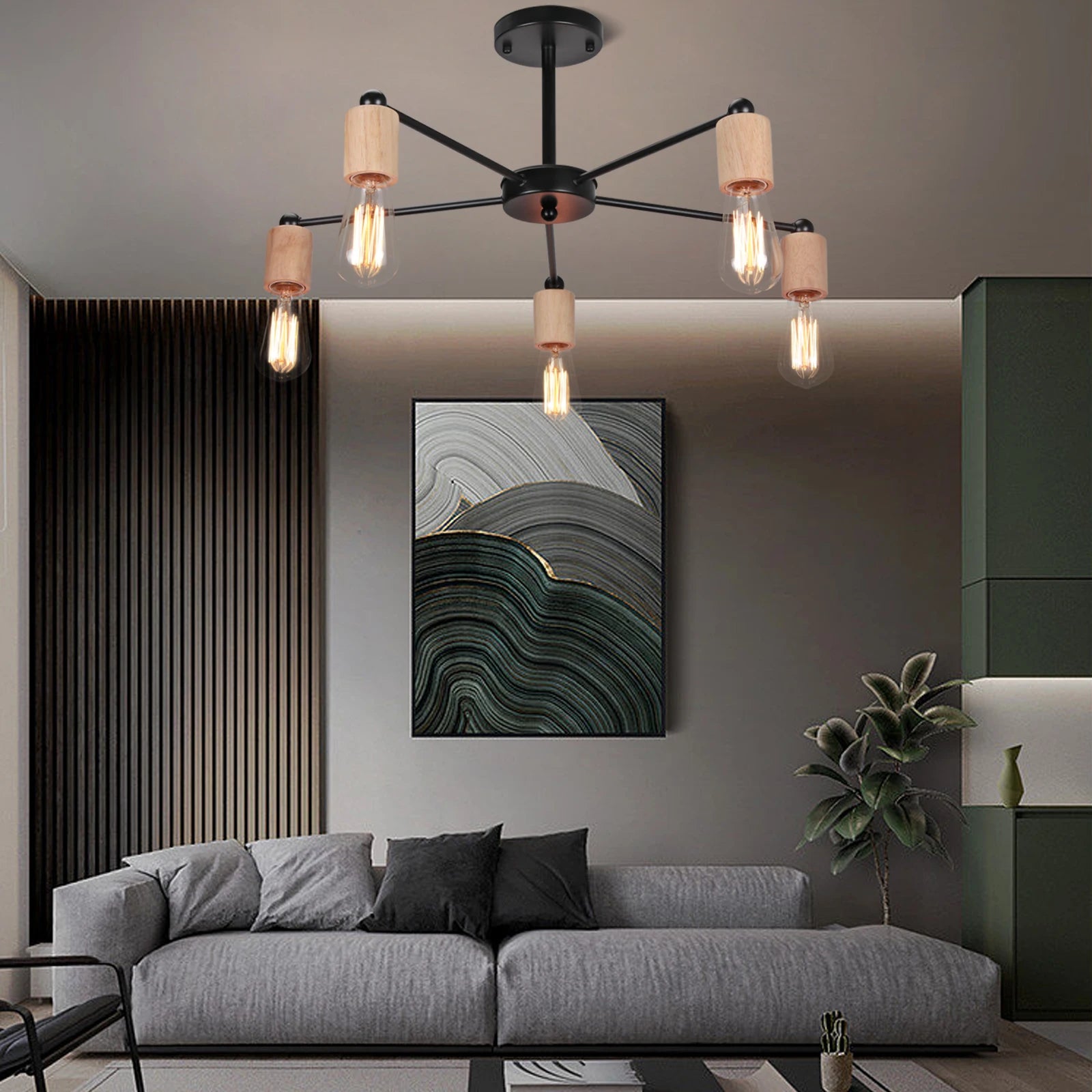 lustre industriel moderne avec tiges multiples en fer et bois - vue 3 sur 16