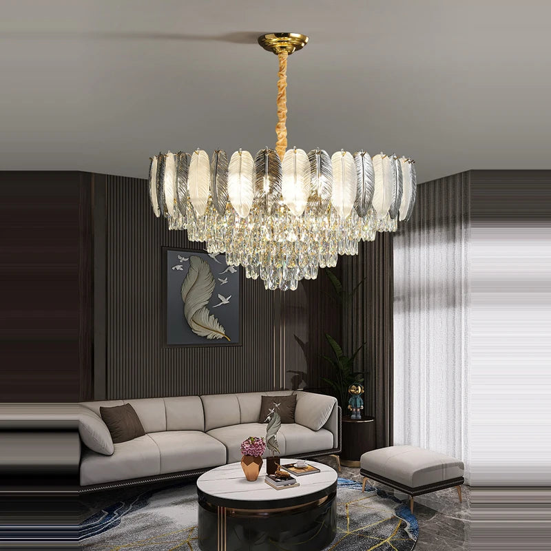lustre suspendu led art déco en cristal et plumes blanches et grises - vue 6 sur 17