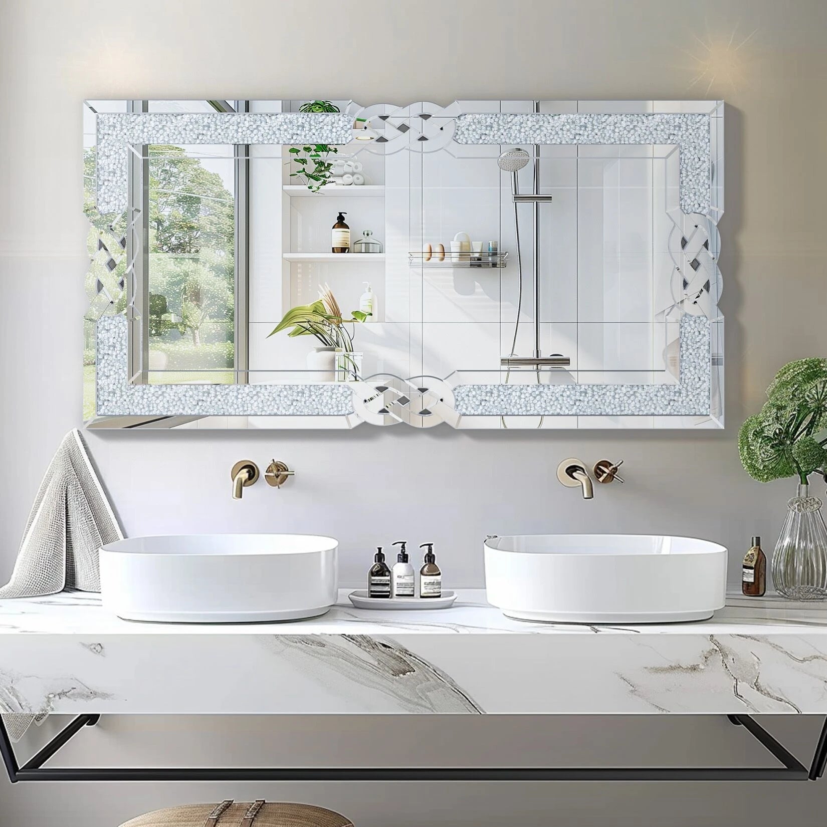 miroir rectangulaire en verre avec cadre en cristal décoratif - vue 4 sur 8