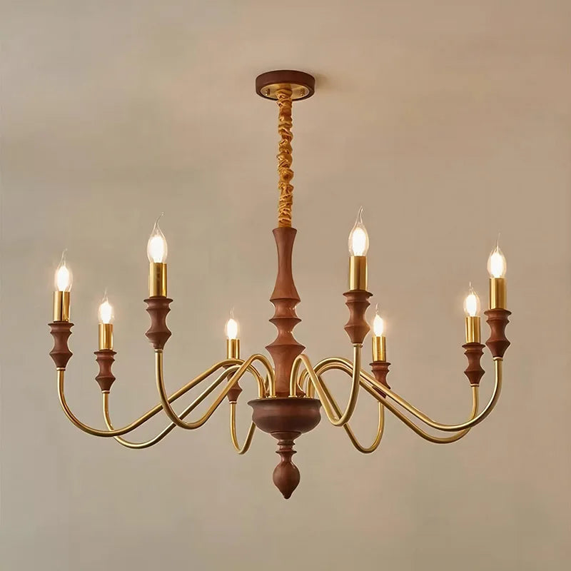 Walnut Wood Brass Candle, Vintage Retro Wabi-sabi style, Chandelier light for Living Room, Bedroom, Dining Room, Study, Kitchen - vue 5 sur 6