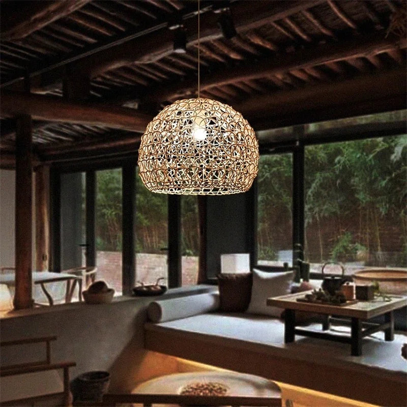 lustre en rotin tissé à la main style chinois moderne