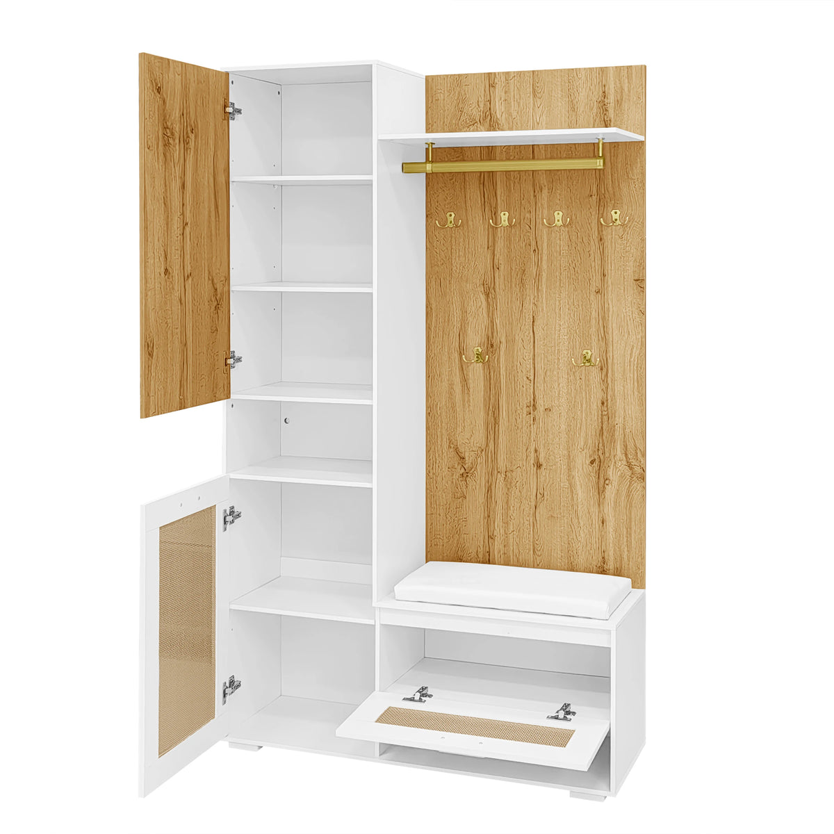 Wardrobe set, wardrobe set with mirror, 5 gold dresses hooks, shoe cabinet, wall wardrobe, top storage compartment, bench seat - vue 5 sur 6