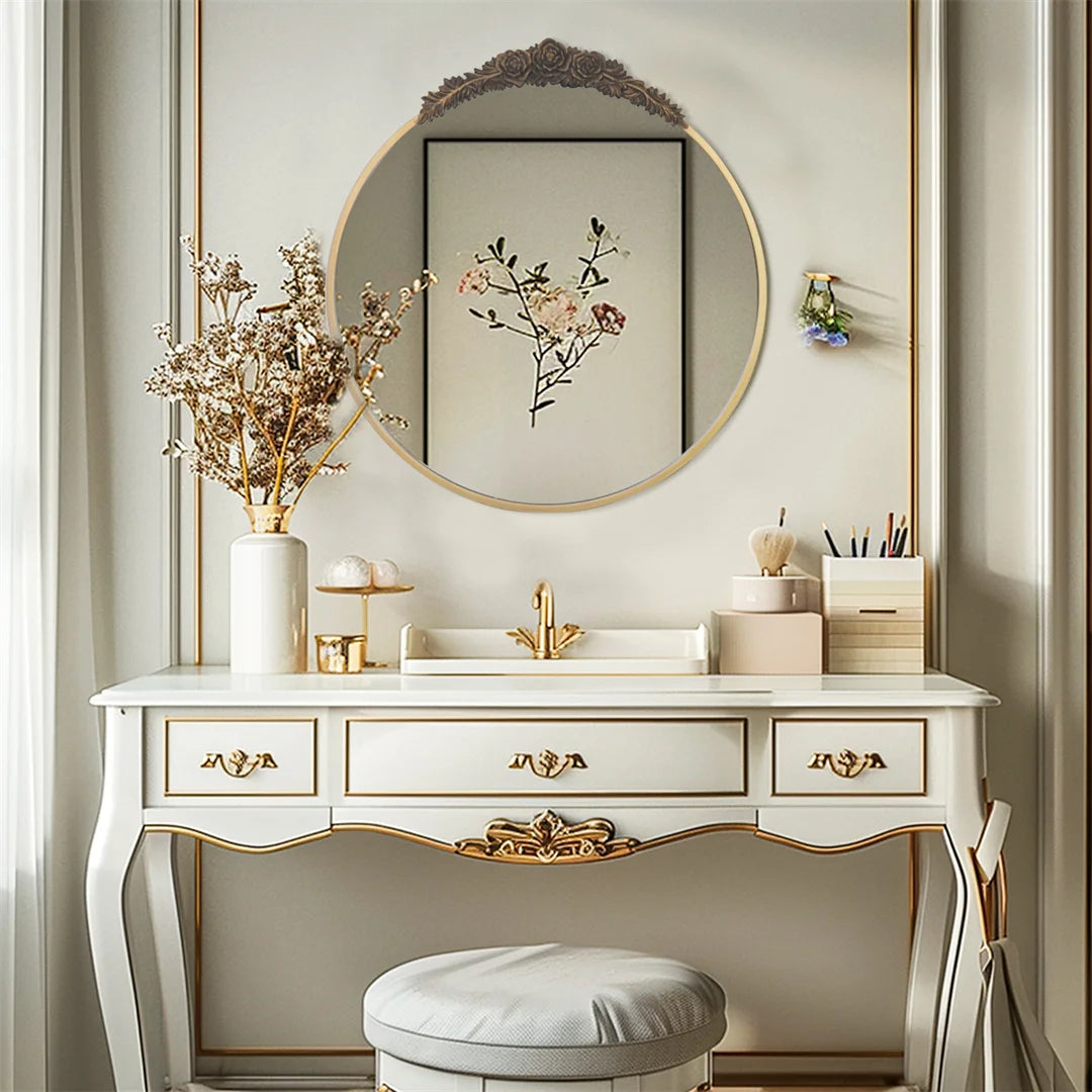 LUVODI Baroque Brass Round Wall Decor Mirror Resin Rose Pattern Metal Frame Art Mirror for Living Room,Bathroom Decoration