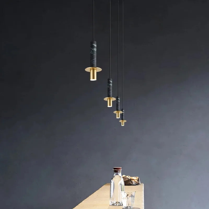 Lampe moderne Terrazzo lustre en marbre projecteur cylindrique suspension Restaurant réception marbre Led lustre trou pierre - vue 4 sur 13