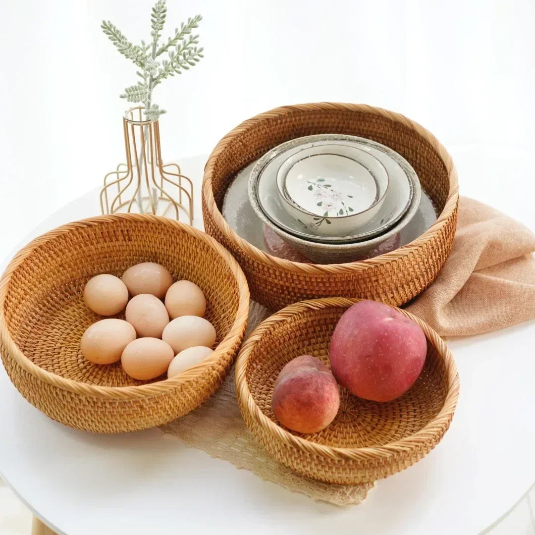 Round Rattan Woven Basket, Wicker Fruit Basket, Bread Food Kitchen Home Decor Organizer, Breadbasket For Kitchen - vue 3 sur 12