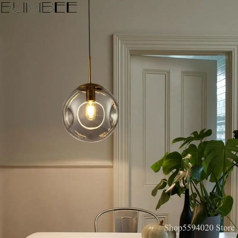 lustre suspension industriel simple boule verre moderne nordique - vue 5 sur 8
