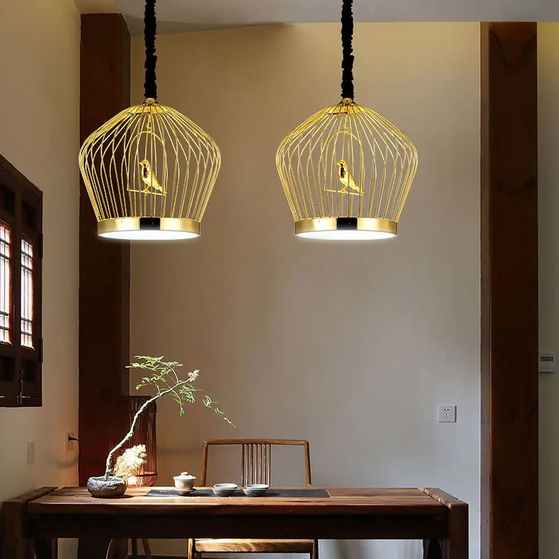 suspension led en fer cage à oiseaux pour restaurant loft - vue 3 sur 8