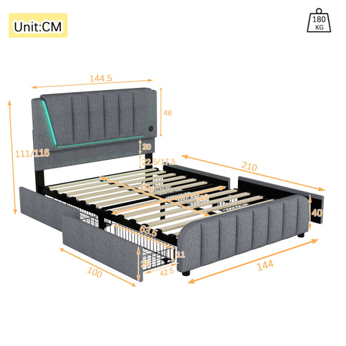 Upholstery bed, 140x200cm, bed with slatted frame (without mattress), remote control room light, bed with four drawers, adjustable - vue 5 sur 5
