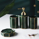 Nordic Bathroom, Dark Green Ceramic Embossed Shape, Soap Dispenser, Dish, Mouthwash Cup, Bathroom Supplies, Set