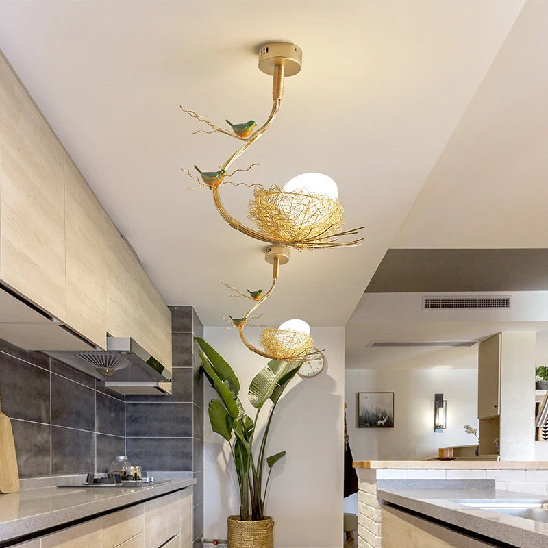 lustre led moderne en forme de nid d'oiseau avec boule de verre - vue 2 sur 14